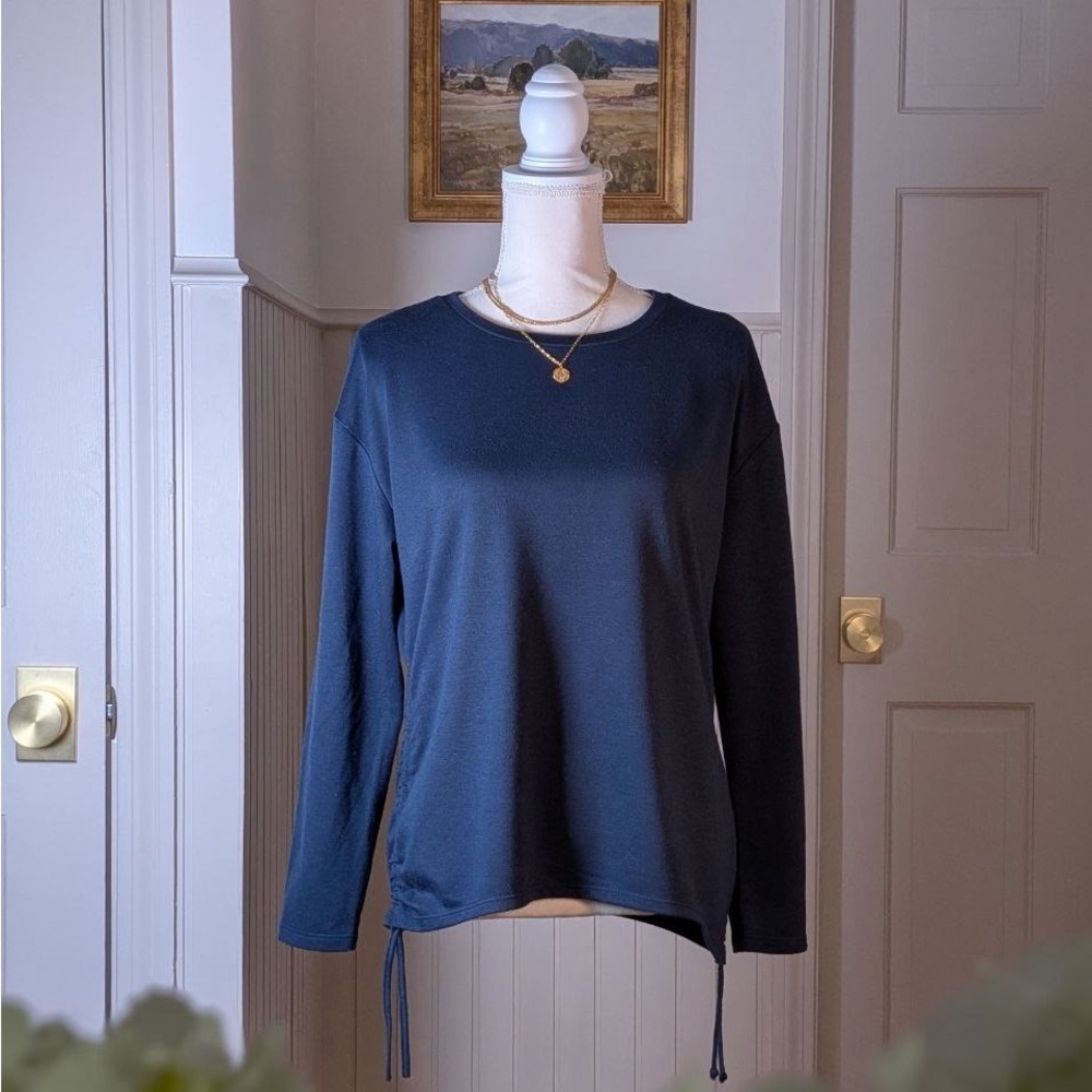 COMO VINTAGE Navy Blue Side Cinch Ruched Long Sleeve Top Medium